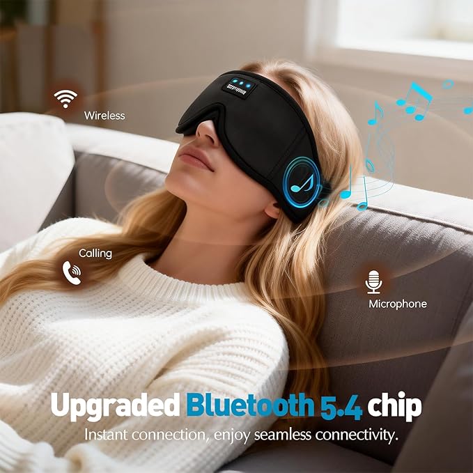 3D Sleep Mask with Bluetooth Headphones, Bluetooth Wireless Music Eye Mask, Sleeping Headphones for Side Sleepers, Sleep Mask with Bluetooth Headphones Ultra-Thin Stereo Speakers for Men&Women