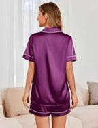 Ekouaer Womens Satin Silk Pajamas Set Short Sleeve Sleepwear Button Down Top and Shorts Loungewear 2 Piece Pjs Set S-XXL