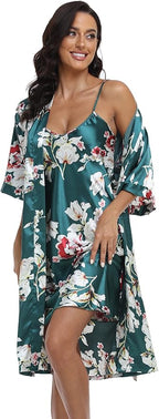 Women's Satin Robes Set with Nightgown Silk Kimono Pajamas 2 Piece Sleepwear Camisole Wedding Bride Gown Set
