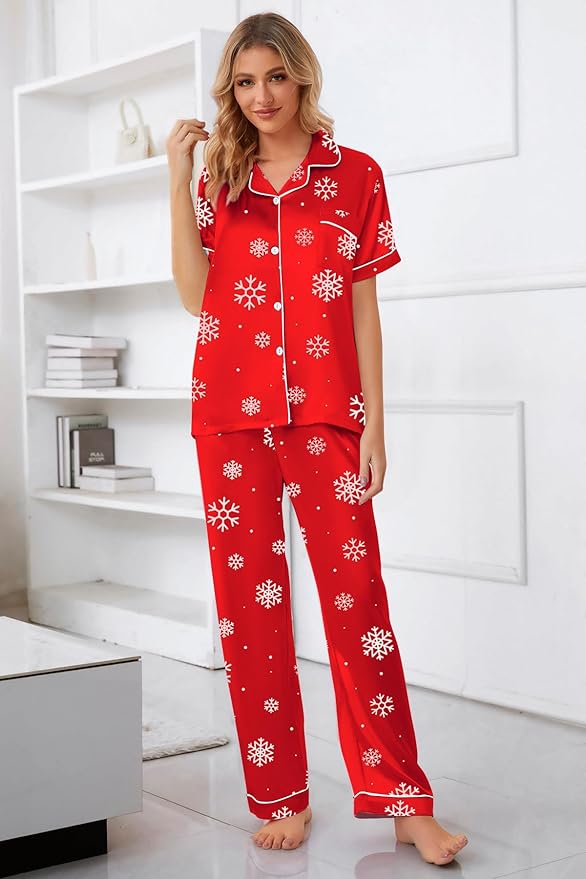 Umeyda Girls Womens Pajamas Set, Satin Silky Button Down Loungewear 2 Piece Short Sleeve Pants PJS Sets for Mommy Kids