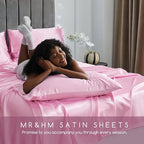 MR&HM Satin Bed Sheets, Full Size Sheets Set, 4 Pcs Silky Bedding Set with 15 Inches Deep Pocket for Mattress (Full, Pink)