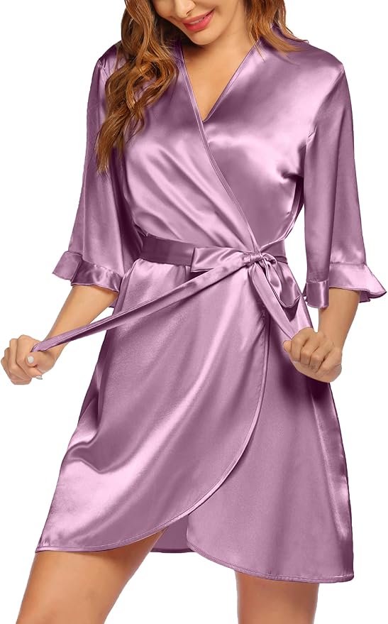 Ekouaer Women's Satin Robe Valentines Lingerie for Women Kimono Bathrobe Short Ruffle Belted Robes Bridesmaids Sleepwear