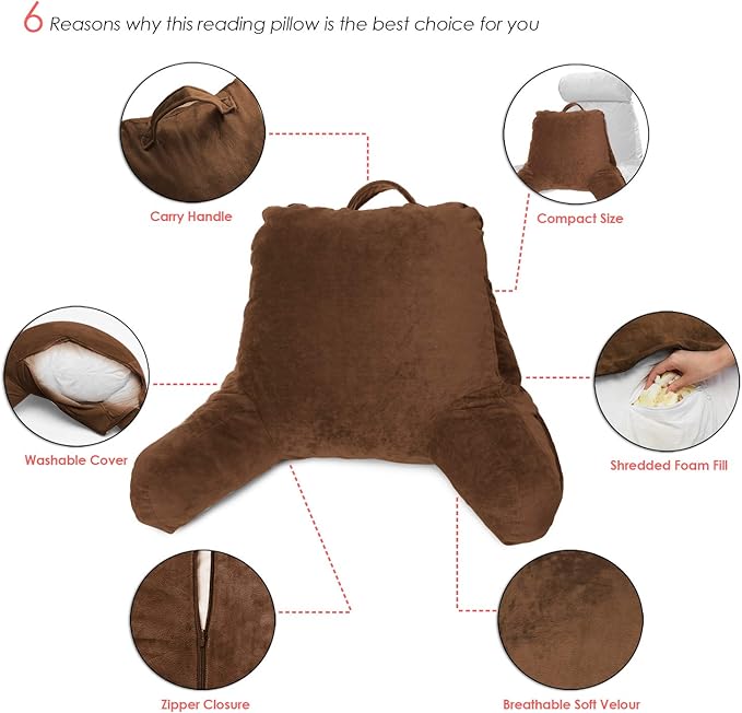 Clara Clark Reading Pillow for Kids & Teens with Shredded Memory Foam, Backrest Pillows for Reading, Watching, and Gaming, on Couch, Bed, Floor, Adjustable Support with Washable Cover Chocolate Brown