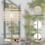 Luvkczc Crystal Touch Table Lamp, Bedside Lamps with with USB C+A Ports, Gold Bedroom Lamp, Dimmable Lamp with Crystal Shade, Nightstand Lamps for Bedroom, Living Room, Bulb Included