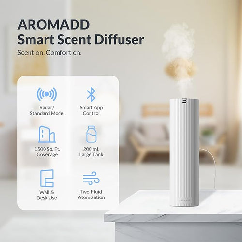 Aromadd Scent Diffuser Starter Kit – Waterless Essential Oil Diffuser for Home, 1500 Sq.Ft Coverage Scent Air Machine, Smart Auto Mode Hotel Collection Diffuser with Cold Air Tech (White)