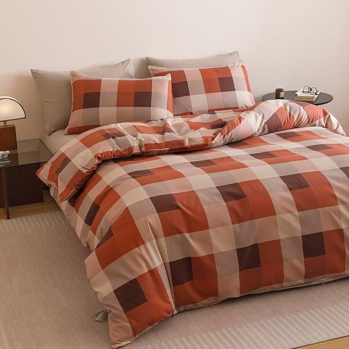 Luxlovery Checkered Red Comforter Set Cal King Gingham Bedding Set Women's Bedding Grid Bedding Set Fluffy Soft Cottagecore Khaki and Brick Red Blanket Quilts with 2 Pillowcases California King Bed