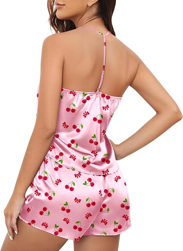 Ekouaer Silk Satin Pajamas Set for Women T-back Lingerie Pjs Cami Top and Shorts Sleepwear Gift for Honeymoon Party
