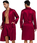 SWOMOG Mens 3 PCS Satin Robe with Pants & Shorts Set Kimono Bathrobe Long Sleeve Sleepwear Pjs Sets with Pockets