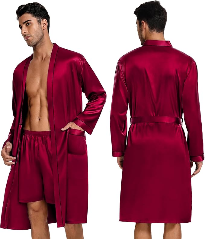SWOMOG Mens 3 PCS Satin Robe with Pants & Shorts Set Kimono Bathrobe Long Sleeve Sleepwear Pjs Sets with Pockets