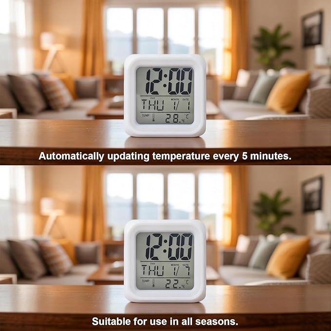 Digital Alarm Clock Peach Pink Digital Clock Date, Temperature, and Weekday Display Gradient White Battery Operated 9 Ringtones 7-Color Night Light and Snooze