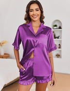 Ekouaer Satin Pajama Set for Women Button Down Silk 2 Piece Pj Sets Ruffle Short Sleeve Sleepwear