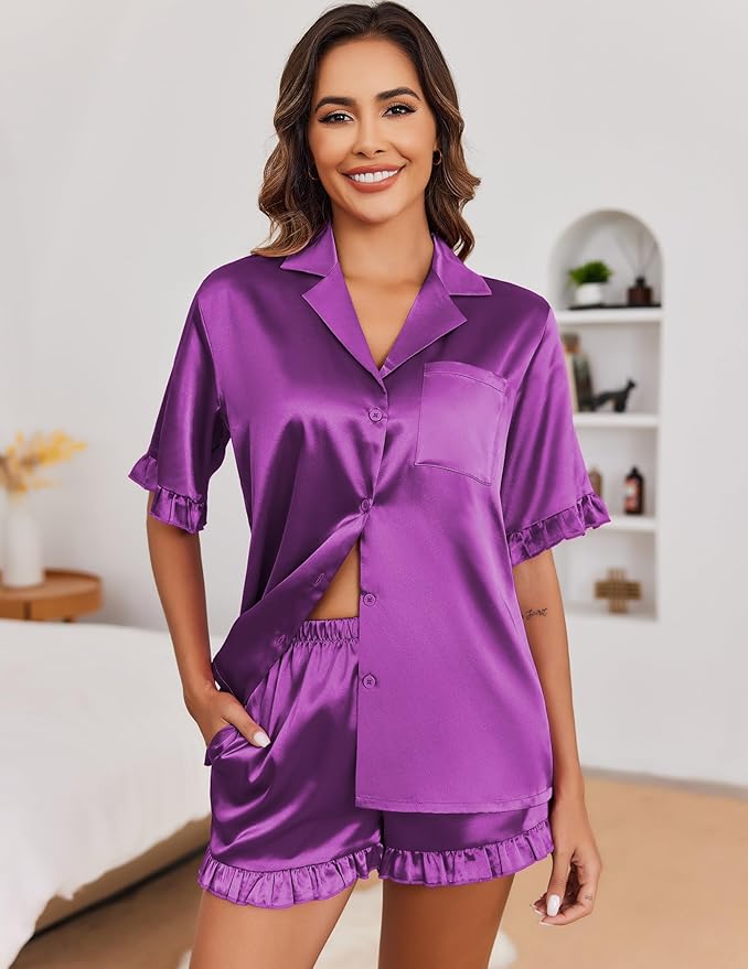 Ekouaer Satin Pajama Set for Women Button Down Silk 2 Piece Pj Sets Ruffle Short Sleeve Sleepwear