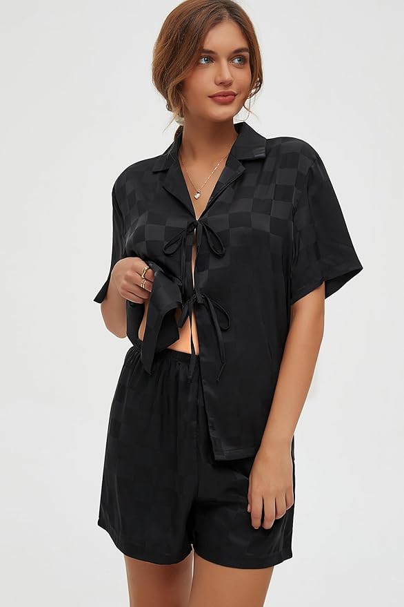 CHYRII Women's Silk Satin Pajamas Sets Tie Front Short Sleeve Tops and Shorts Two Piece Pj Sets Sleepwear