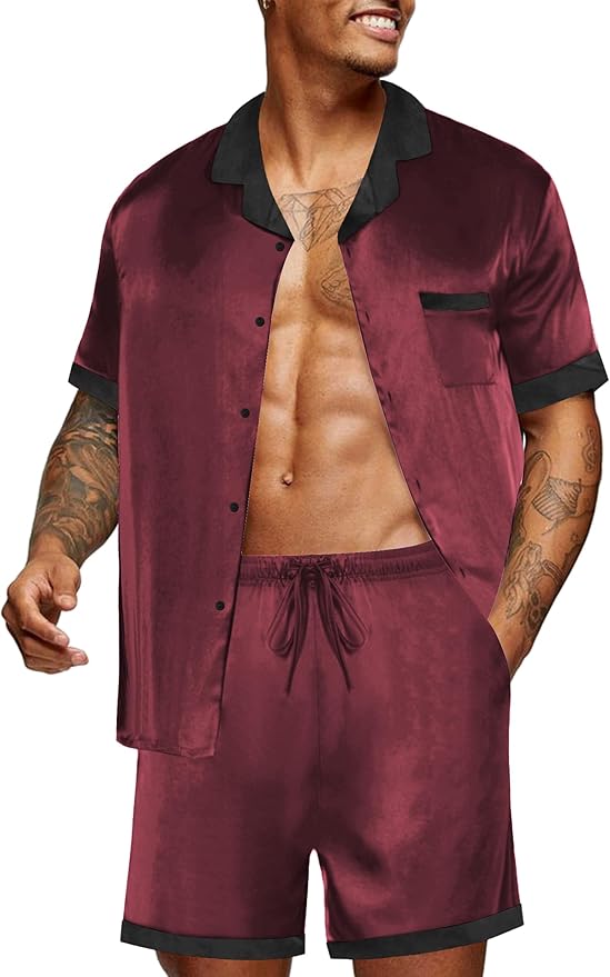 Ekouaer Men Satin Silk Pajamas Set with Pockets Sleepwear Shorts Satin Summer Loungewear 2 Piece Button Down Set S-3XL