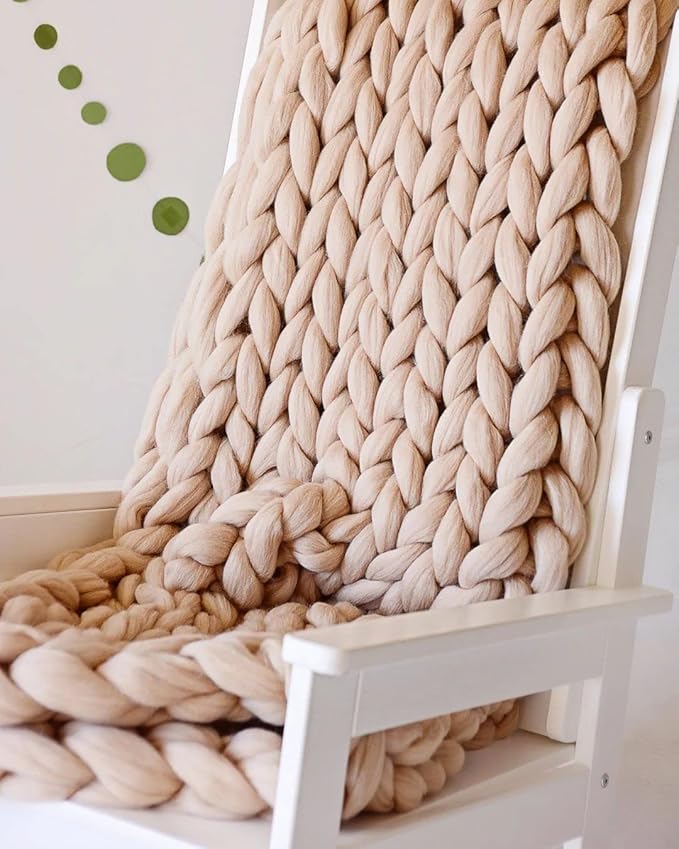 Boho Throw Blanket - Chunky Knit Blanket, Full Size Blankets, Beige Throw Blanket, Handmadel Blanket for Bed Decor, Crochet Blanket, Gift for Women Birthday (Beige, 54"x75")