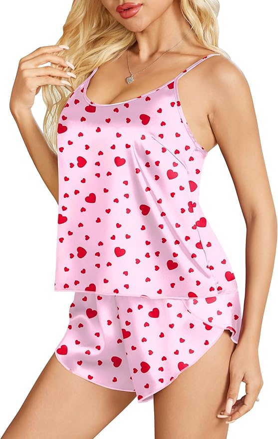 Ekouaer Womens Satin Pajamas Set Tie Back Silk Pjs Adjustable Lingerie Cami Top and Shorts Nightwear Sets