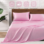 MR&HM Satin Bed Sheets, King Size Sheets Set, 4 Pcs Silky Bedding Set with 15 Inches Deep Pocket for Mattress (King, Pink)