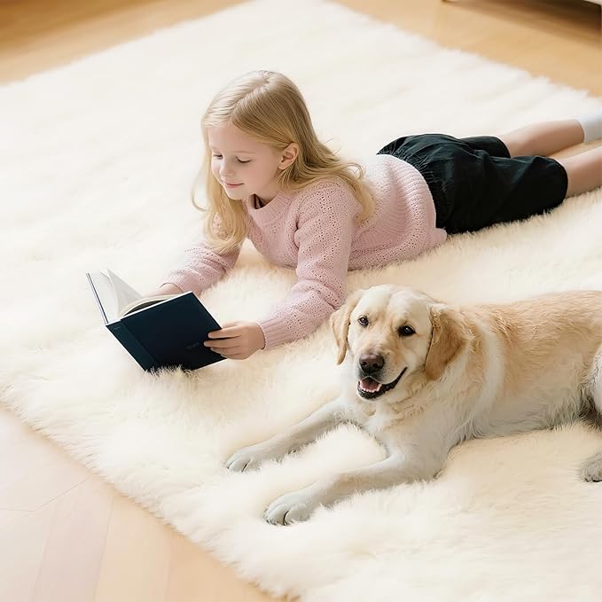 Ultra Soft Shag 8x10 Cream Area Rug – 8x10 Rugs for Living Room, Non-Slip, Fluffy Plush Large Carpet, Shaggy Furry Rug for Bedroom, Dorm, Kids and Girls Room, Nursery, Home Office Décor