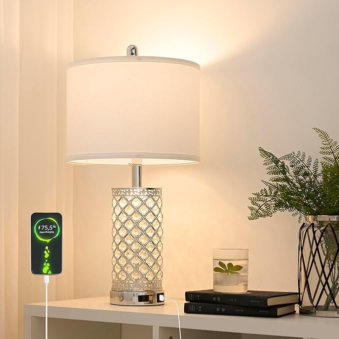 SAIWEYA Crystal Table Lamps Set of 2, 3-Way Dimmable Bedside Lamp with 2 USB Ports & AC Outlets for Living Room Bedroom Nightstand Lamp Night Light (Silver- 2 Pack 24In)