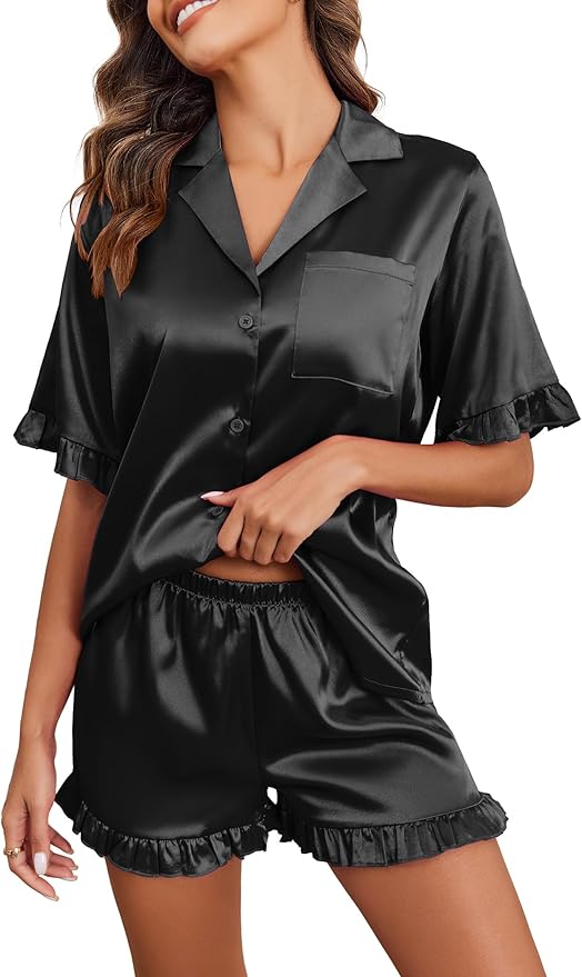 Ekouaer Satin Pajama Set for Women Button Down Silk 2 Piece Pj Sets Ruffle Short Sleeve Sleepwear