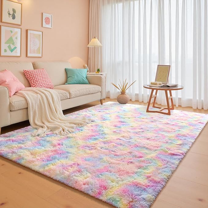 junovo 6x9 Washable Area Rug for Girls Bedroom Living Room, Tie-Dyed Rainbow Soft Non-Slip Fluffy Rugs, Shag Plush Memory Foam Carpet for Kids Room Baby Nursery Home Decor
