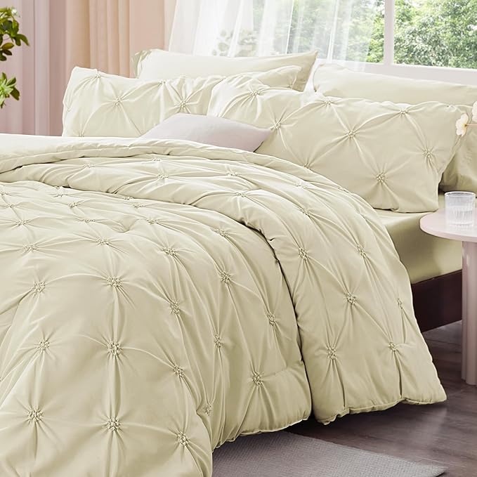 BEDELITE Beige King Size Comforter Set - 3 Pieces Boho Pintuck Bedding Comforter Sets, Lightweight Soft & Warm King Bedding Set with 2 Pillowcases for All Season
