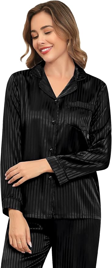 SWOMOG Womens Silk Satin Pajamas Set Long Sleeve Button Down Sleepwear 2 Piece Lounge Set Pj Set XS-3XL