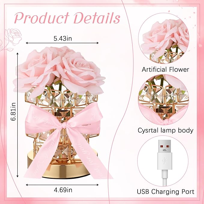 VIHOSE Rose Flower Lamp Mother Gift Crystal Table Lamp for Bedroom 3 Color Dimming Pink Night Light Birthday Gifts for Women Mom Girlfriend Wife