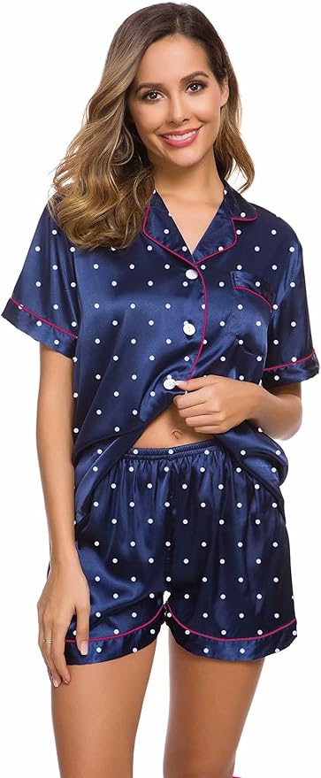 LecGee Womens Silk Satin Pajamas Short Sleeve Loungewear Two-Piece Sleepwear Button-Down Pj Set