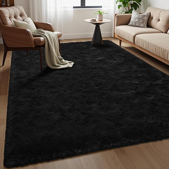 Macgace Fluffy Area Rugs for Bedroom Decor Aesthetic, 5x7 Black Shag Rug with Non-Slip Dots for Living Room, Furry Plush Mat Washable Fuzzy Carpet Modern Home Decor for Kids Nursery Gothic Room
