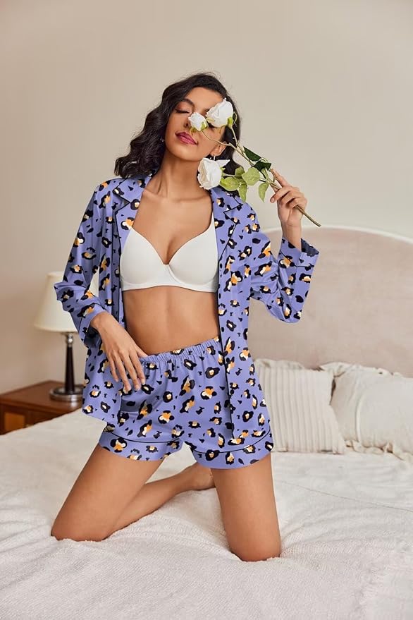 Ekouaer Satin Pajama Set for Women Button Down Pj Set Long Sleeve Top and Shorts 2 Piece Loungewear Summer Soft Sleepwear