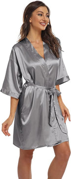 Women's Pure Short Kimono Robes Bride Bridesmaids Silky Bathrobe Lightweight Satin Sleepwear
