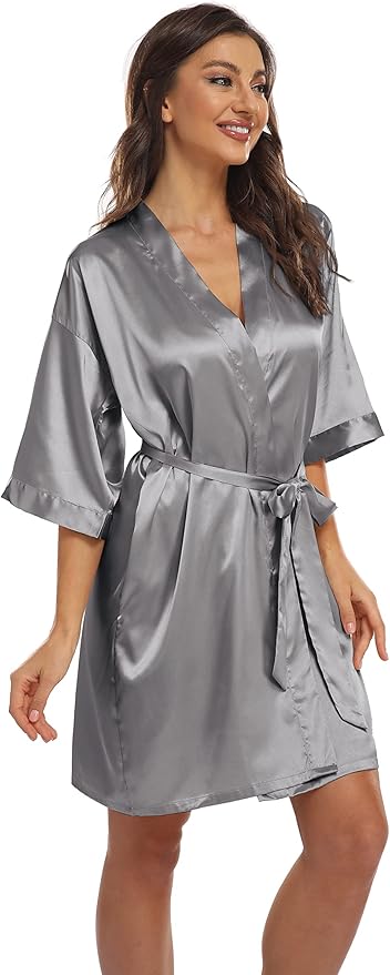 Women's Pure Short Kimono Robes Bride Bridesmaids Silky Bathrobe Lightweight Satin Sleepwear
