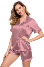 LecGee Womens Silk Satin Pajamas Short Sleeve Loungewear Two-Piece Sleepwear Button-Down Pj Set