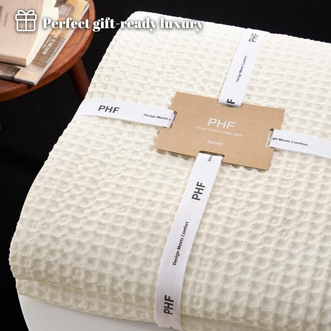 PHF Ultra Soft Waffle Weave Blanket Twin Size 66"x 90"- Washed Lightweight Breathable Cozy Woven Blanket for Bed - Aesthetic Decor for Couch Bedding Sofa Home Car - Coconut White