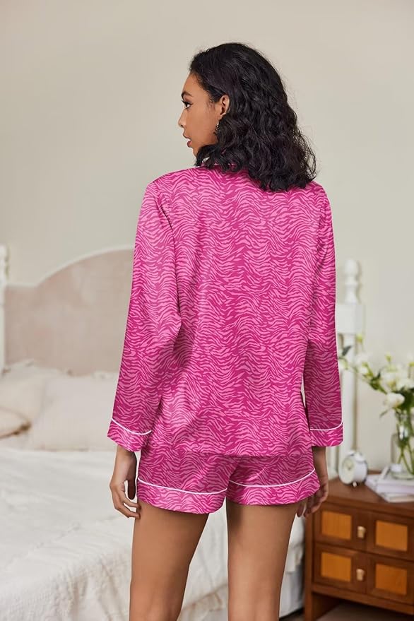 Ekouaer Satin Pajama Set for Women Button Down Pj Set Long Sleeve Top and Shorts 2 Piece Loungewear Summer Soft Sleepwear