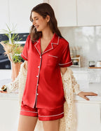 Ekouaer Womens Satin Silk Pajamas Set Short Sleeve Sleepwear Button Down Top and Shorts Loungewear 2 Piece Pjs Set S-XXL