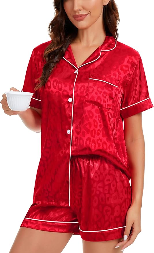 LecGee Womens Silk Satin Pajamas Short Sleeve Loungewear Two-Piece Sleepwear Button-Down Pj Set