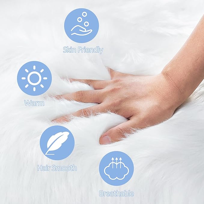 6ft Sheepskin Faux Fur White Round Rugs for Bedroom Living Room, Fluffy White Circle Rug for Kids Room Furry Shaggy Circular Carpet for Teen Girls Room Non-Slip
