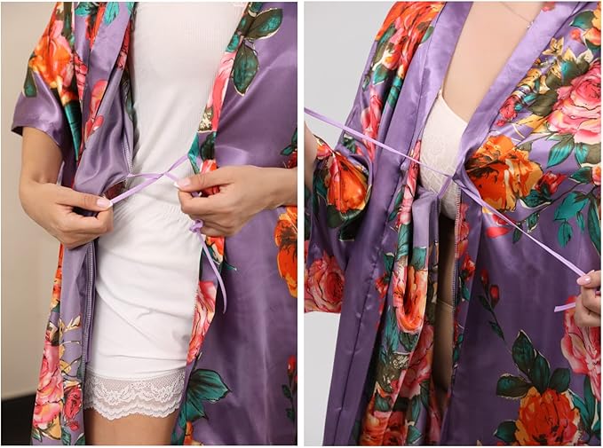 QXQTER Peony Floral Silky Satin Robe Wedding Bridal Party Bride Bridesmaid Robes for Women Dressing Gown Kimono Robe