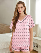 Silk Pajamas for Women Short Sleeve Satin 2 Piece Pj Set Soft V Neck Sleepwear Loungewear, S-XXL
