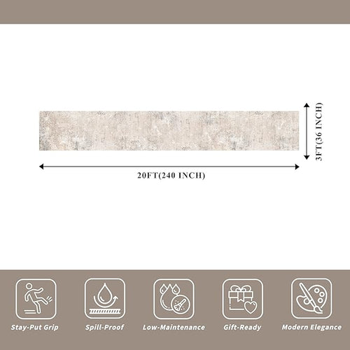 3x20 ft Extra Long Hallway Runner Rug - Non-Slip Washable Floor Runner with Rubber Backing, Modern Low Pile Thin Wide Carpet for Entryway, Kitchen, Living Room (Beige Grey, 3x20)