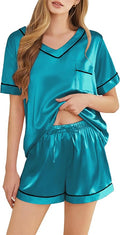 Silk Pajamas for Women Short Sleeve Satin 2 Piece Pj Set Soft V Neck Sleepwear Loungewear, S-XXL