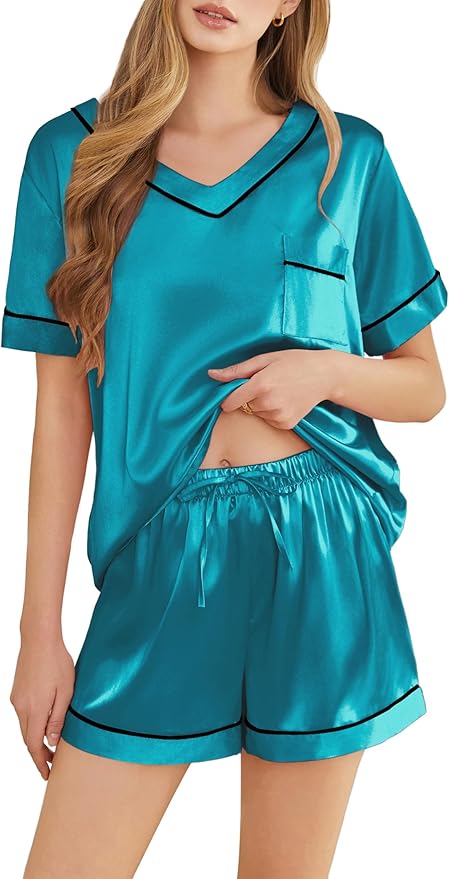 Silk Pajamas for Women Short Sleeve Satin 2 Piece Pj Set Soft V Neck Sleepwear Loungewear, S-XXL
