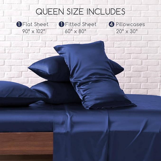 MR&HM Satin Bed Sheets, Queen Size Sheets Set, 6 Pcs Silky Bedding Set with 15 Inches Deep Pocket for Mattress (Queen, Navy Blue)
