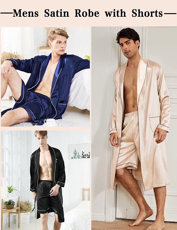 SWOMOG Men's Satin Robe Silky Kimono Bathrobe with Shorts Set Lightweight Soft Loungewear Nightwear