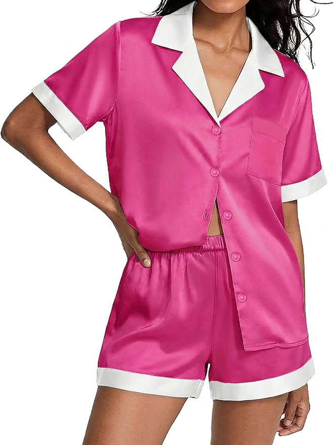 Ekouaer Womens Silk Satin Pajamas Set Short Sleeve Sleepwear Button Down Loungewear 2 Piece Pjs Shorts Set