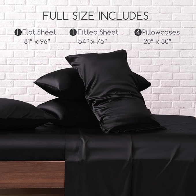 MR&HM Satin Bed Sheets, Full Size Sheets Set, 6 Pcs Silky Bedding Set with 15 Inches Deep Pocket for Mattress (Full, Black)