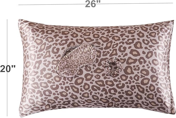 Satin Pillowcase for Hair and Skin, Super Soft Vegan Silk Sleep Set-2 Satin Pillow Cases Standard Size, 1 Eye Mask, 1 Scrunchie, Self Care Essential Satin Night Routine Kit, Pink Leopard