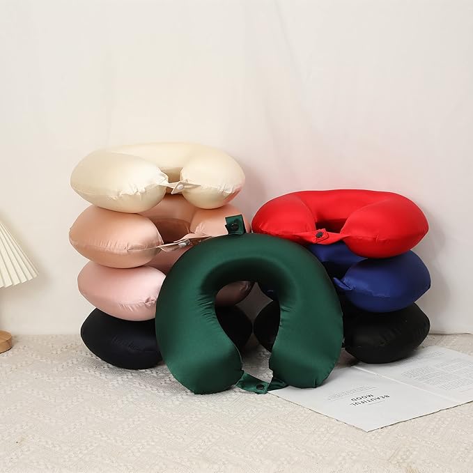 ROSEWARD 100% Mulberry Silk Neck Pillow for Travel 22 Momme Real Silk Travel Pillow for Pain Relief Sleeping, Silk Airplane Pillow, Anti Wrinkle Travel Pillow Made in USA (Blush)